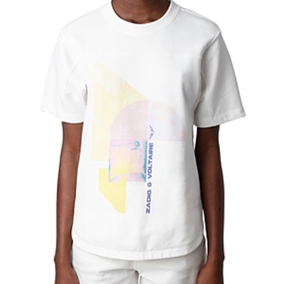 NWT | Zadig & Voltaire Bow Mo Short Sleeve T-shirt White Palmier Graphic XS‎ - Picture 1 of 8